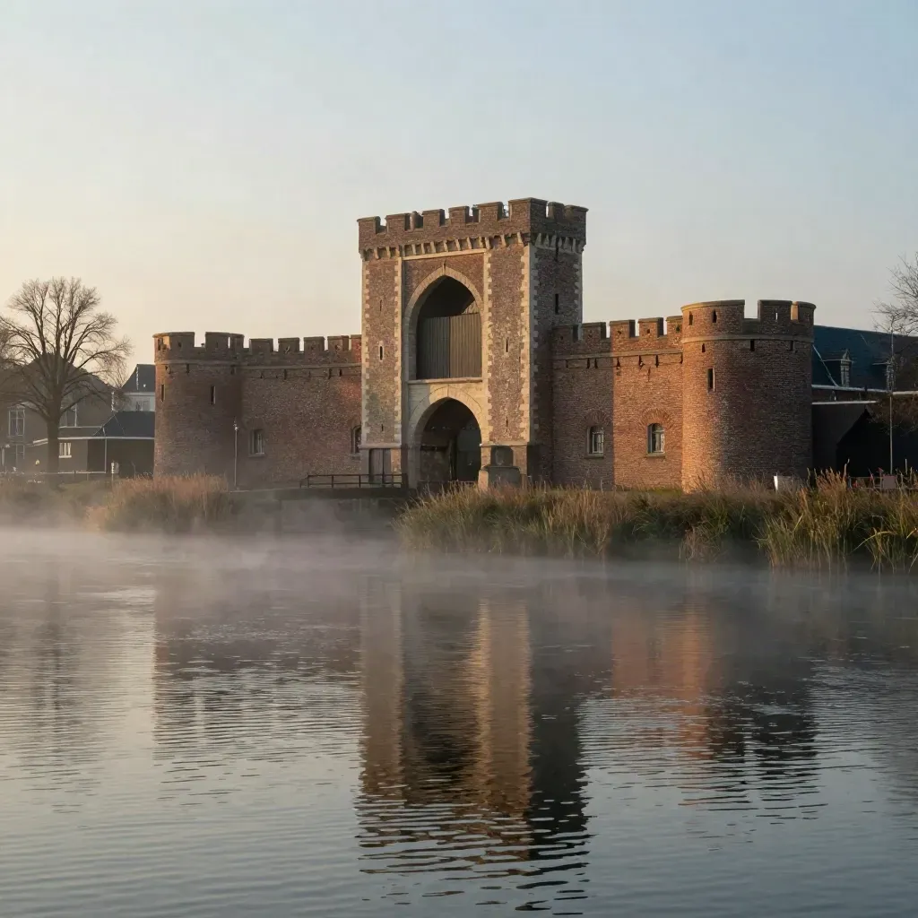 Amersfoort met de Koppelpoort aan het water in zachte avondmist